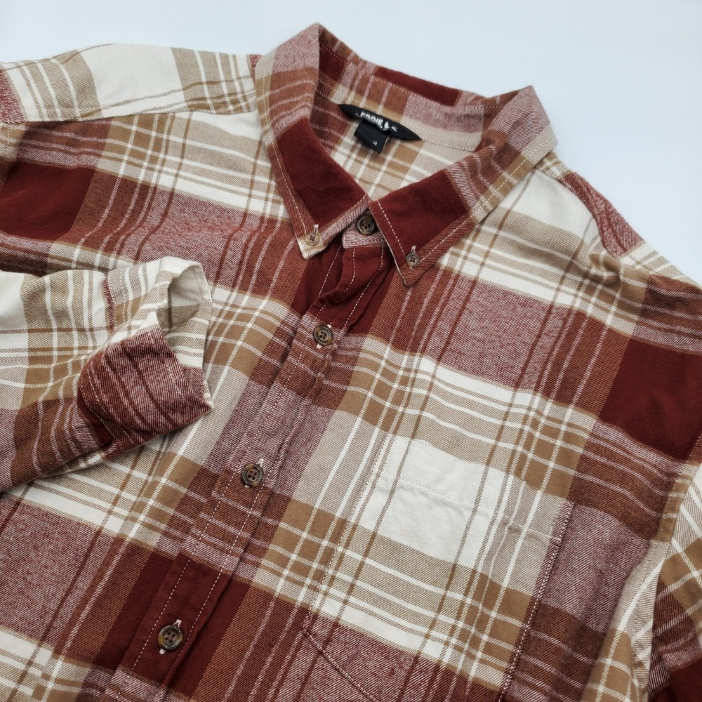 Eddie Bauer Mens 2XL Flannel Shirt Brown Burgundy Plaid Long Sleeve Button Down